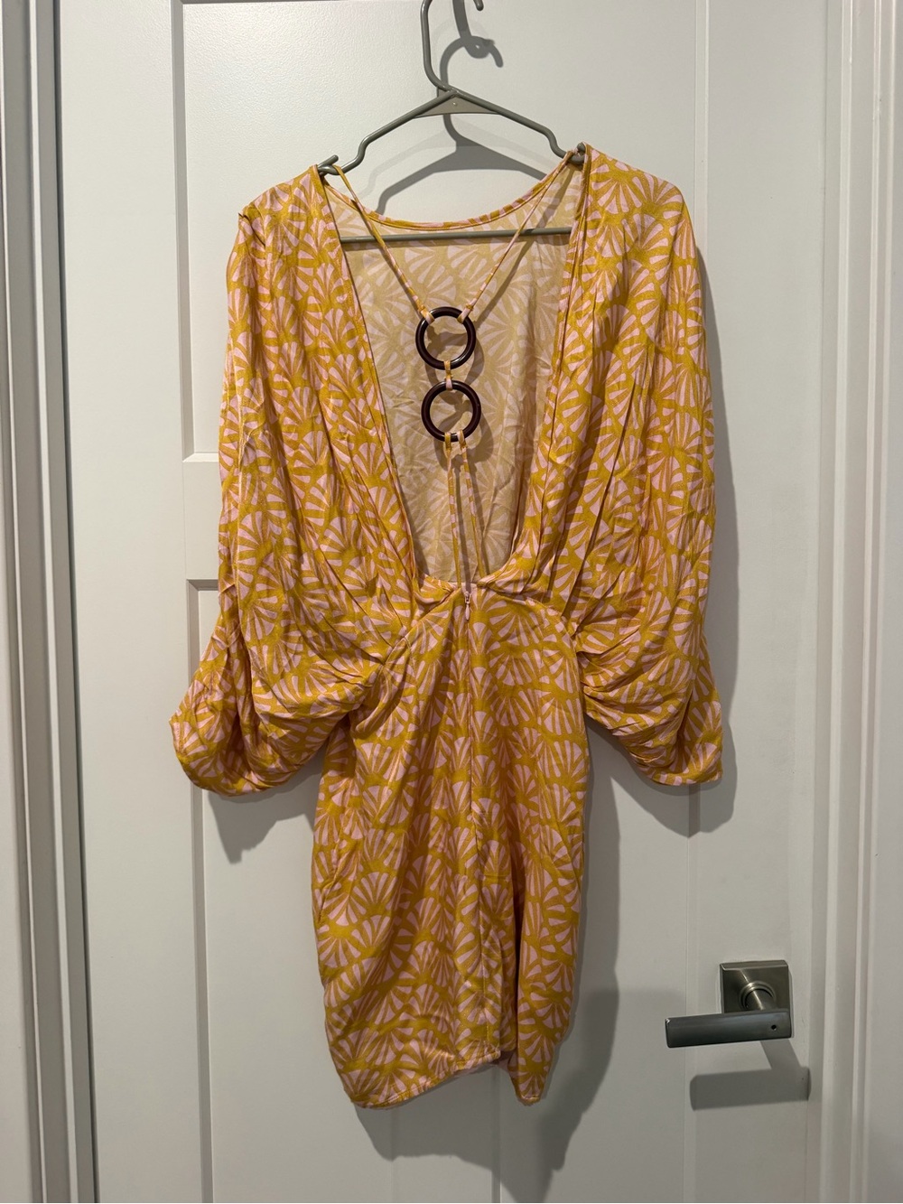 Yellow Print V-Neck Mini Dress with Ring Detail